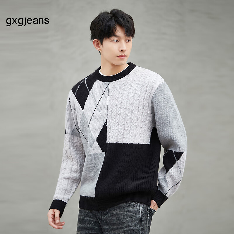 gxgjeans男装针织衫2024年春秋季撞色拼接毛衣圆领套头上衣 黑灰 175/L