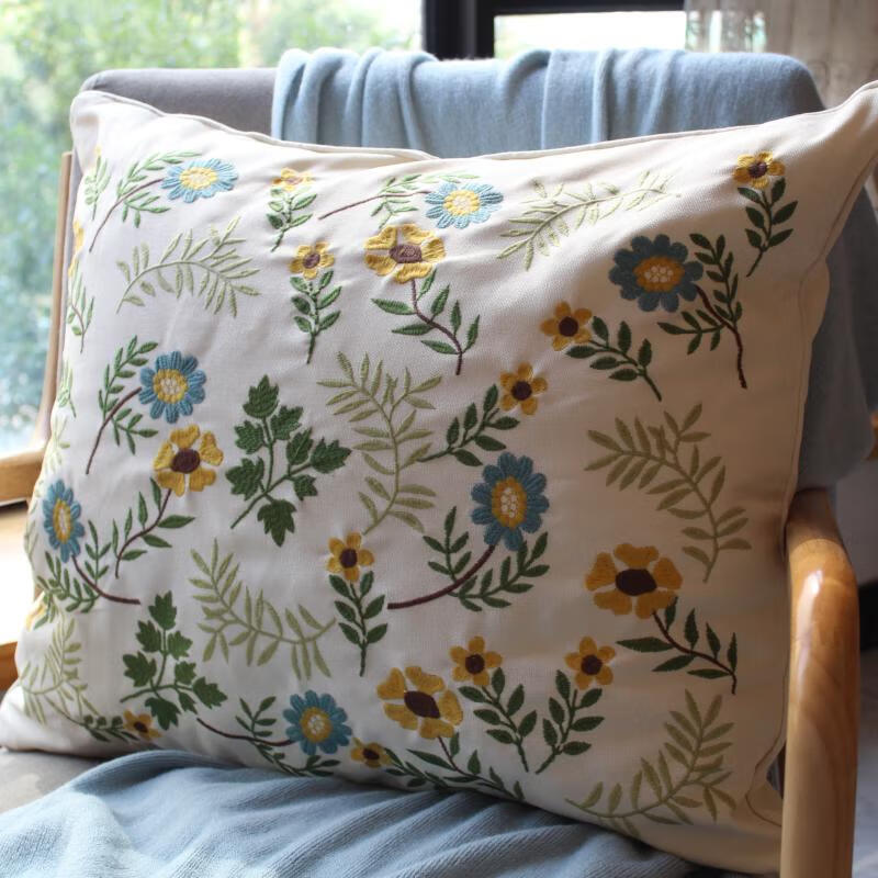 優(yōu)只美式田園風(fēng)抱枕碎花刺繡花抱枕套不含芯客廳沙發(fā)靠墊飄窗床頭靠枕 綠A50x60cm 米色包邊米色棉布 單面刺繡枕套不含芯