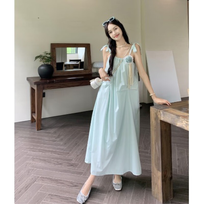 旅游必备衣服沙滩裙重工吊带连衣裙女装裙子夏季2024显瘦气质 薄荷绿
