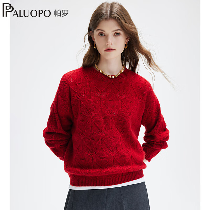 帕罗（PALUOPO）5G加厚针织100%纯山羊绒衫女装秋冬新款保暖落肩袖提花针织毛衣 大红夹花 M 160/100