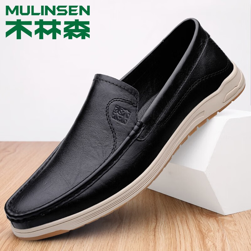 木林森（MULINSEN）男鞋頭層牛皮男士休閑皮鞋男英倫時(shí)尚透氣豆豆鞋輕便軟底駕車(chē)鞋子 黑色 40