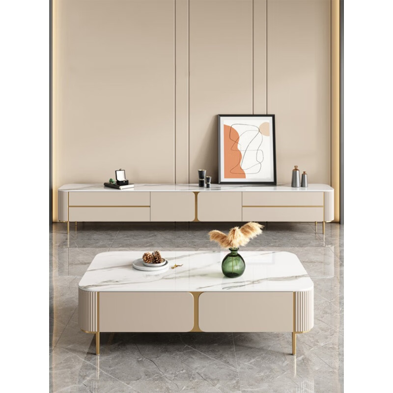 佳曲美轻奢岩板电视柜茶几组合简约现代客厅地柜家用金色白色小户型 2