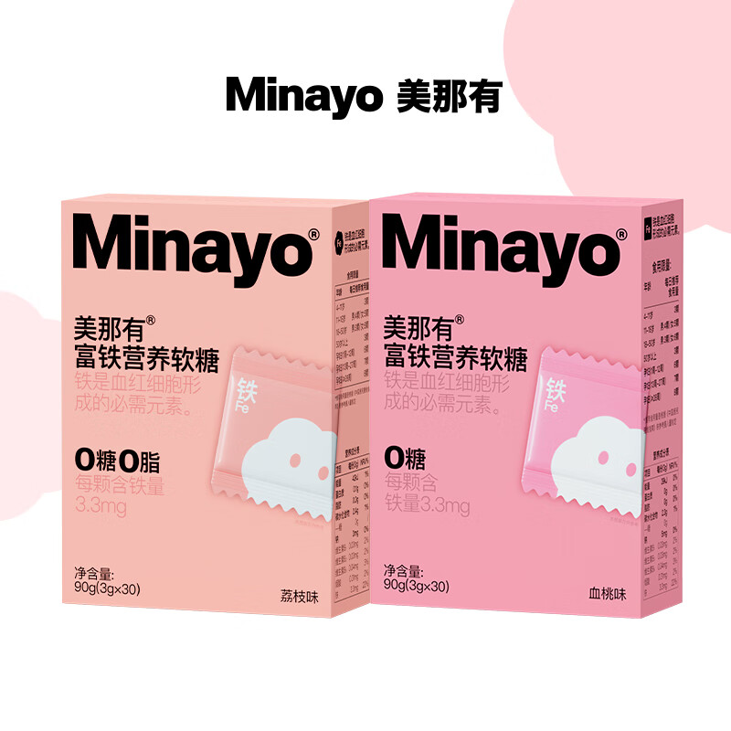 Minayo美那有富铁软糖 儿童青少年妇女孕妇成人哺乳期 铁元素Fe有机铁 【美味组合】荔枝味1盒+血桃味1盒