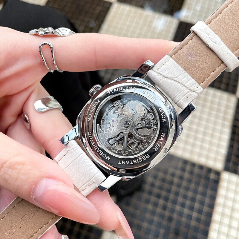 潮女必备时尚酷男女式陀飞轮全自动机械腕表男镂空运动防水送礼物 银白红带