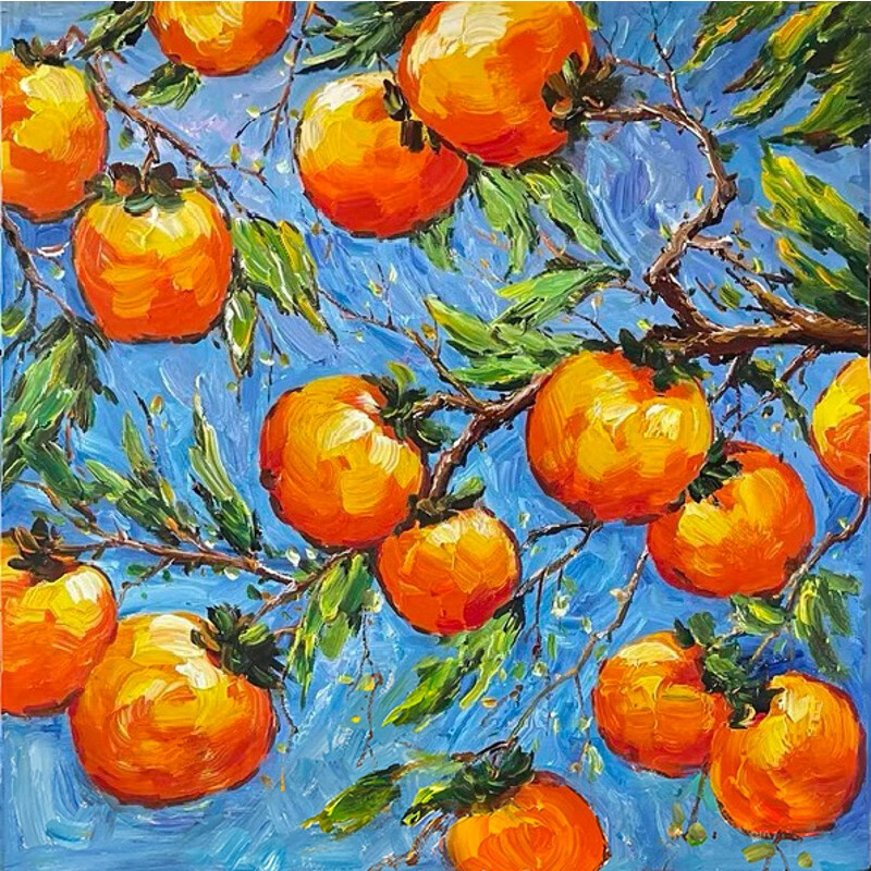 艺幻手绘北欧抽象柿子卧室油画事事如意客厅现代简约轻奢立体装饰挂画