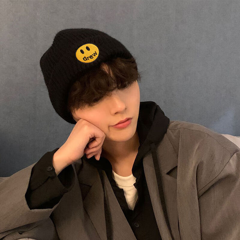 男毛线男女学生秋冬季冷帽韩版雅痞百搭ins原宿风针织帽潮 drew笑脸