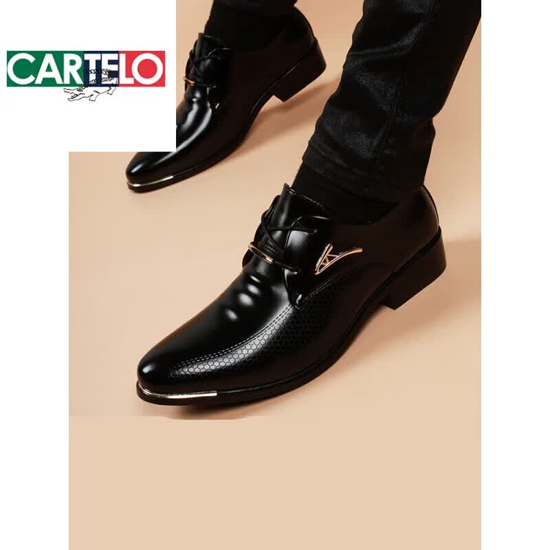 卡帝乐鳄鱼(CARTELO)潮牌商务正装皮鞋男真皮韩版尖头内增高鞋2026夏季新款青年潮英伦 黑色内增高 41