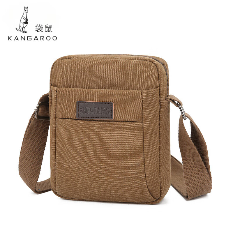 男士单肩斜挎包背包新款包包韩版休闲帆布包旅行商务便携小包 咖飞