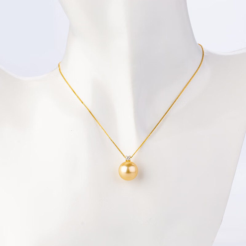 珍珠皇后18K金钻石正圆南洋金珍珠吊坠海水珍珠项链女 生日礼物送女朋友 s925银闪O链 9-10mm