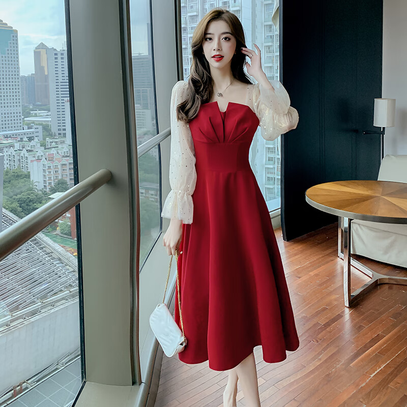 欧黛秀订婚衣服女平常可穿春季敬酒服新娘夏季礼服回门服气质法式小红裙 红色长 XL