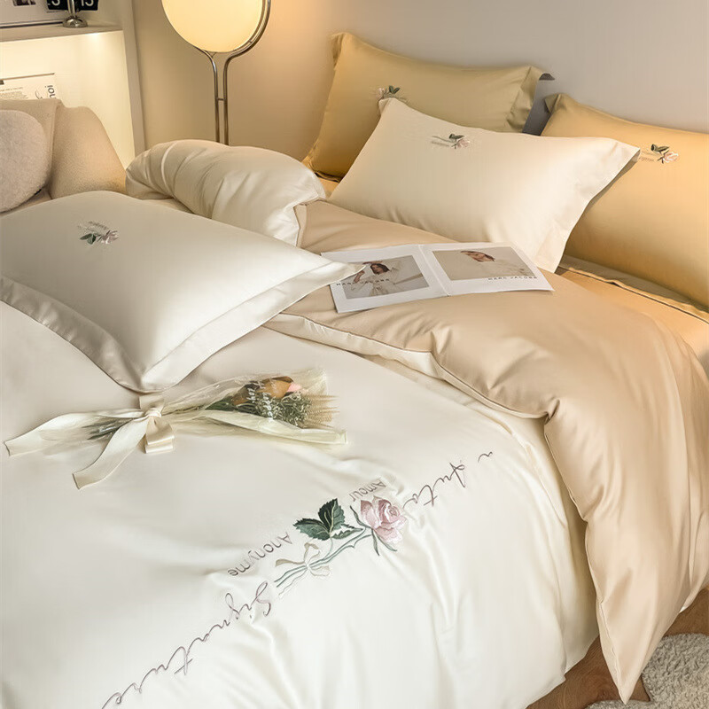 纯棉四件套全棉绣花被套床单裸睡新疆棉三件套 唤醒-奶昔白 香槟金 1