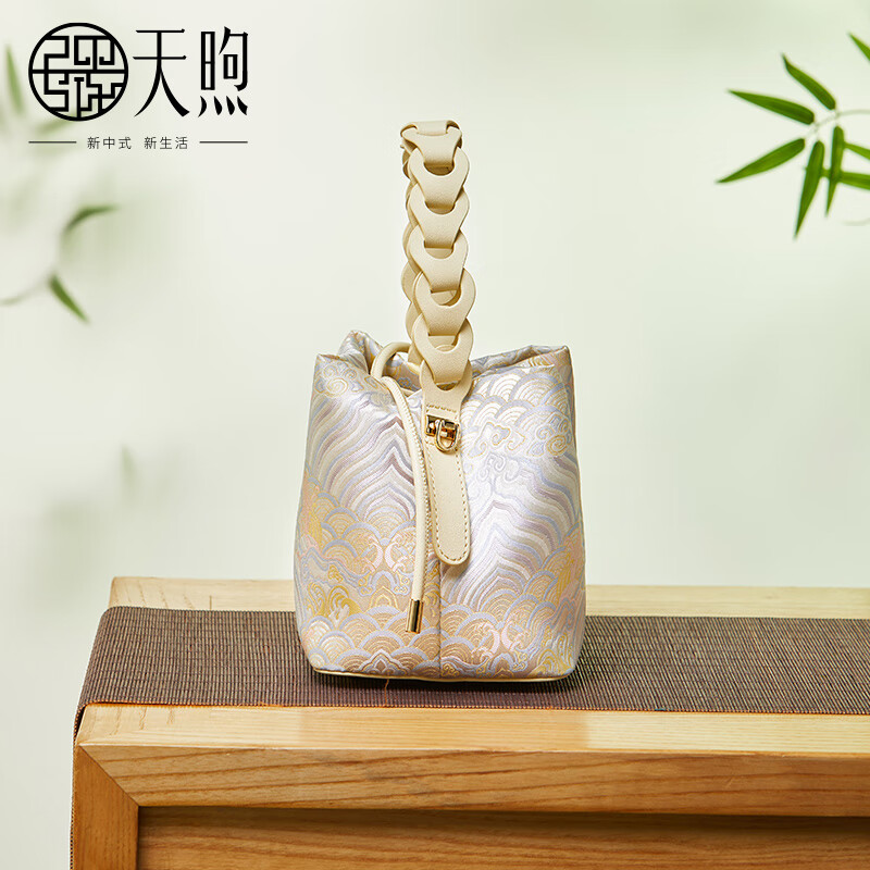 PmSix新中式国风织锦提花女包迷你小包手拎包复古布包配旗袍中年妈妈包 淡黄色1-织锦提花-送礼品袋