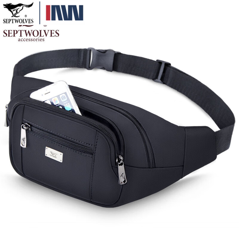 七匹狼2025年新款腰包男多功能运动跑步手机包大容量斜挎包收银帆布腰包 款式一黑色