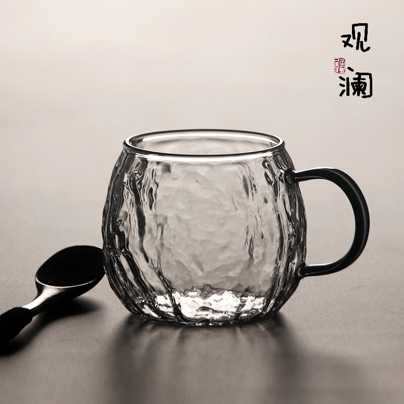 高颜值玻璃杯可加热牛奶果汁杯带盖把泡茶杯男女办公家用喝水杯子 树皮纹胖胖杯(水杯)