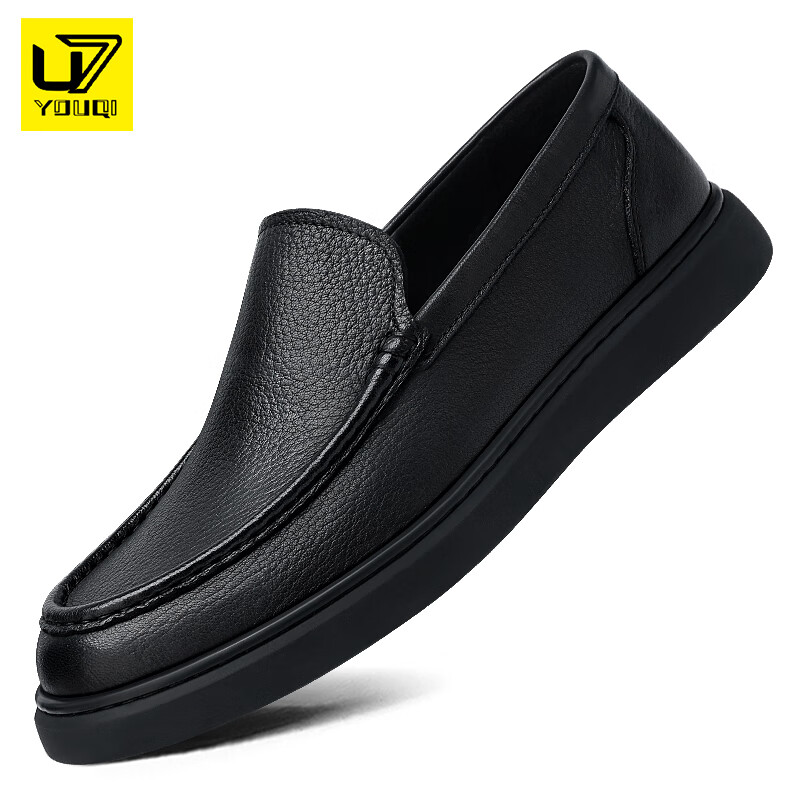 u7品牌男鞋真皮百搭软厚底休闲2024新款男士鹿皮一脚蹬商务豆豆皮鞋