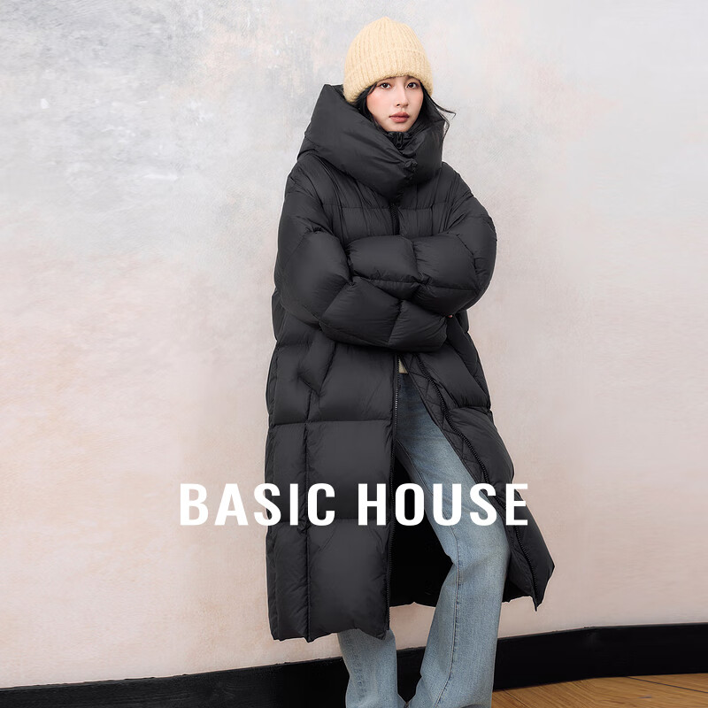 Basic House/百家好韩版连帽中长款羽绒服女双拉链立领白鸭绒外套 黑色 M