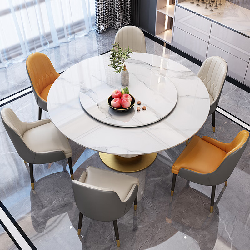 亮光岩板餐桌家用小户型现代简约轻奢感大理石圆桌餐桌椅组合 1.35米餐桌+6椅(带转盘80CM)