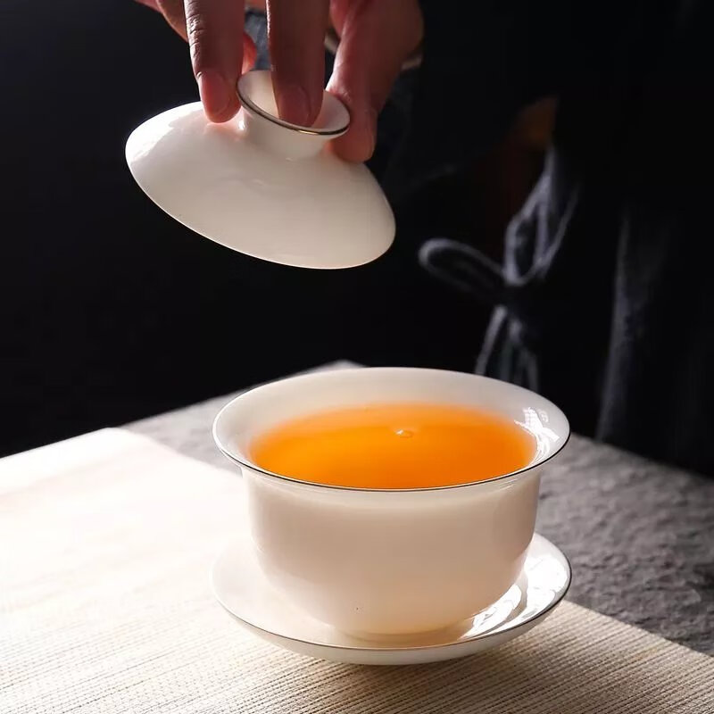 【精选】泡茶盖碗功夫茶杯泡茶杯白瓷大号家用三才盖碗防烫茶碗单 描金款 德化羊脂玉瓷三才盖碗