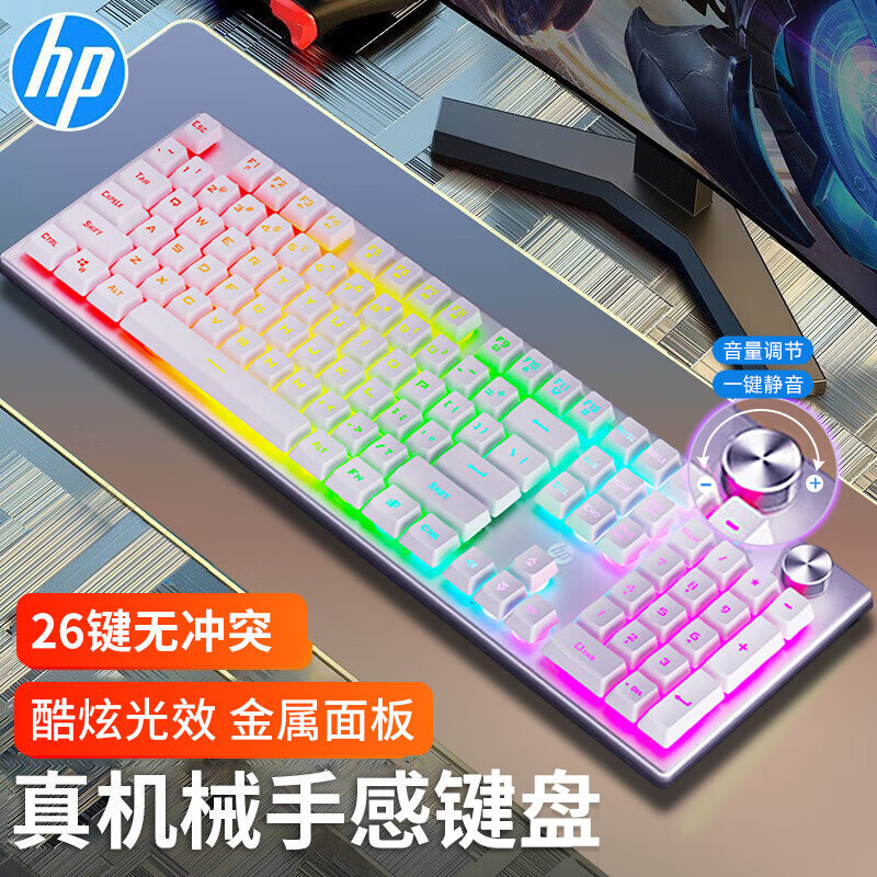 惠普（HP）K500机械手感键盘游戏专用有线办公电脑笔记本电竞网吧吃鸡LOL 白色【金属面板+炫彩背光+音量旋钮】
