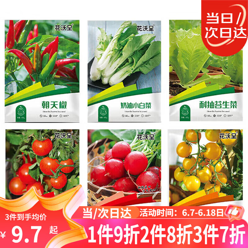 花沃里6款蔬菜种子大全 果蔬类盆栽小番茄西红柿朝天椒小白菜萝卜生菜籽