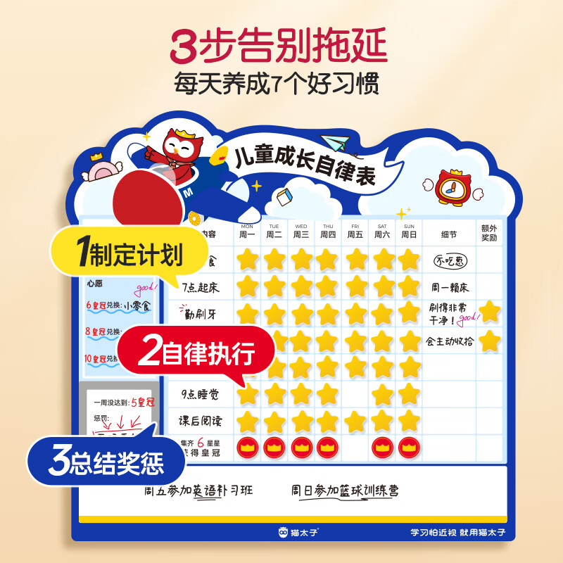 猫太子儿童成长自律表奖励打卡记录表学习计划表墙贴孩子的积分奖励贴纸家庭版提示牌鼓励小学生好习惯 中国红-升级款（56颗星星+8颗皇冠）