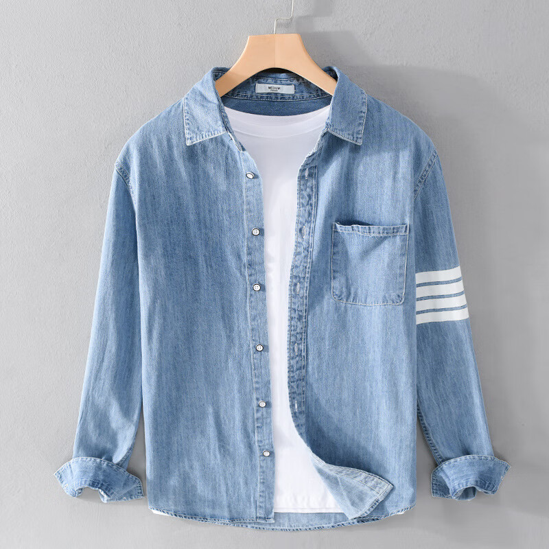 mms严选2024春秋男士休闲潮牌牛仔长袖衬衫痞帅纯棉衬衣手臂条纹男上