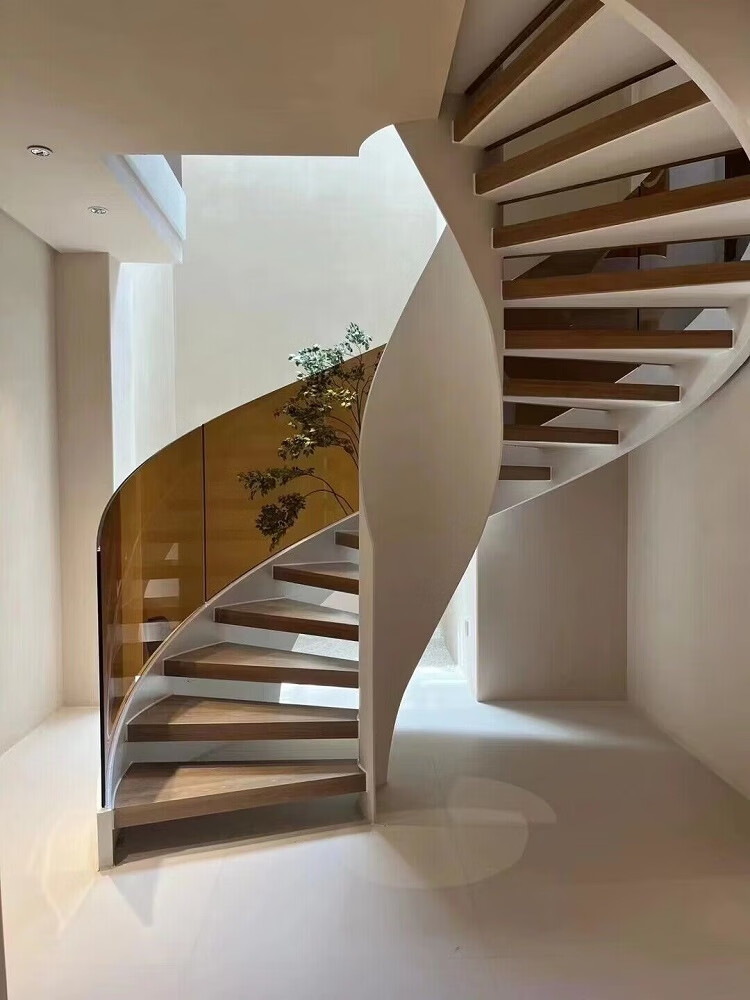 仁聚益楼梯扶手玻璃室外旋转铁不锈钢复式实木别墅网红弧形钢板全屋