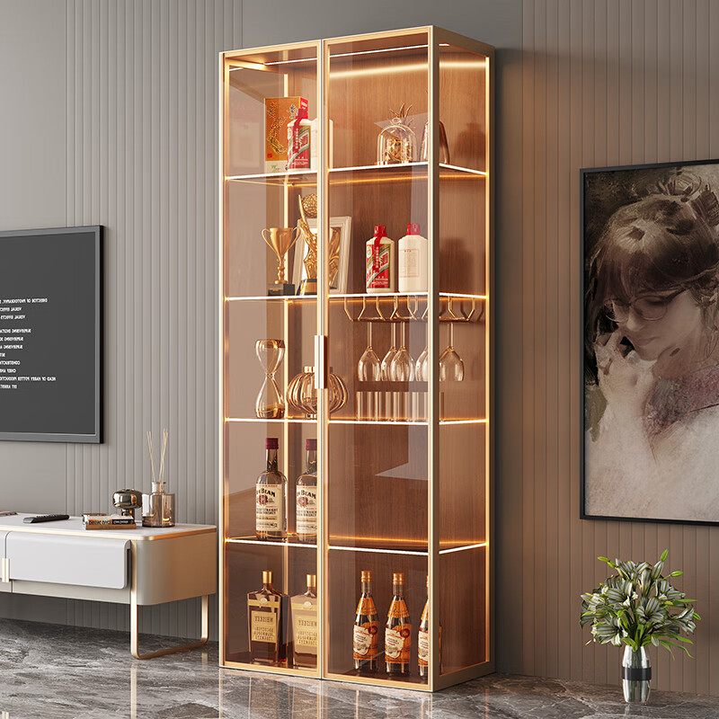 轻奢玻璃酒柜铝合金玻璃柜简约现代红酒柜家 拉丝金 茶玻 背板800*