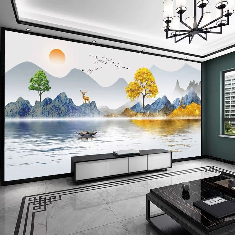 背景墙新中式山水画客厅背景护墙板新款 按平方购买定制尺寸发客服