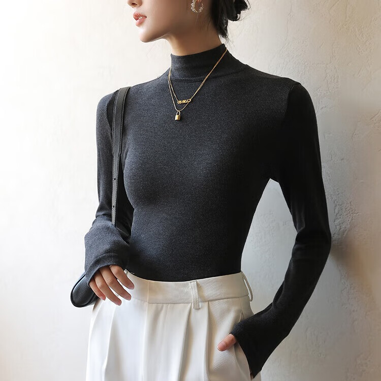 华婷露(Huatinglu)半高领仿德绒内搭长袖打底衫衣女2026秋冬漂亮小衫修身保暖上衣 烟雨灰 L (95-110斤)