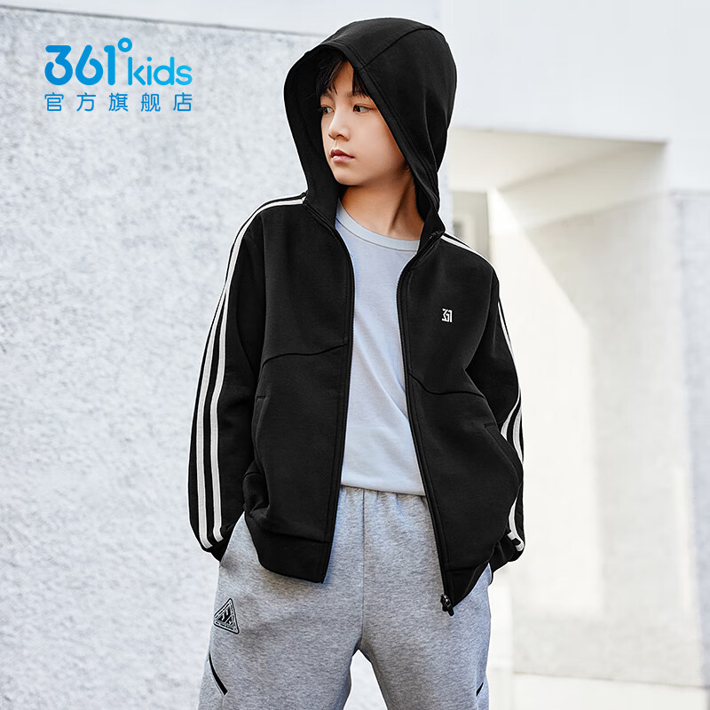361°童装男童连帽针织外套年春季新款中大童运动外套时尚简约上衣 经典黑B 150