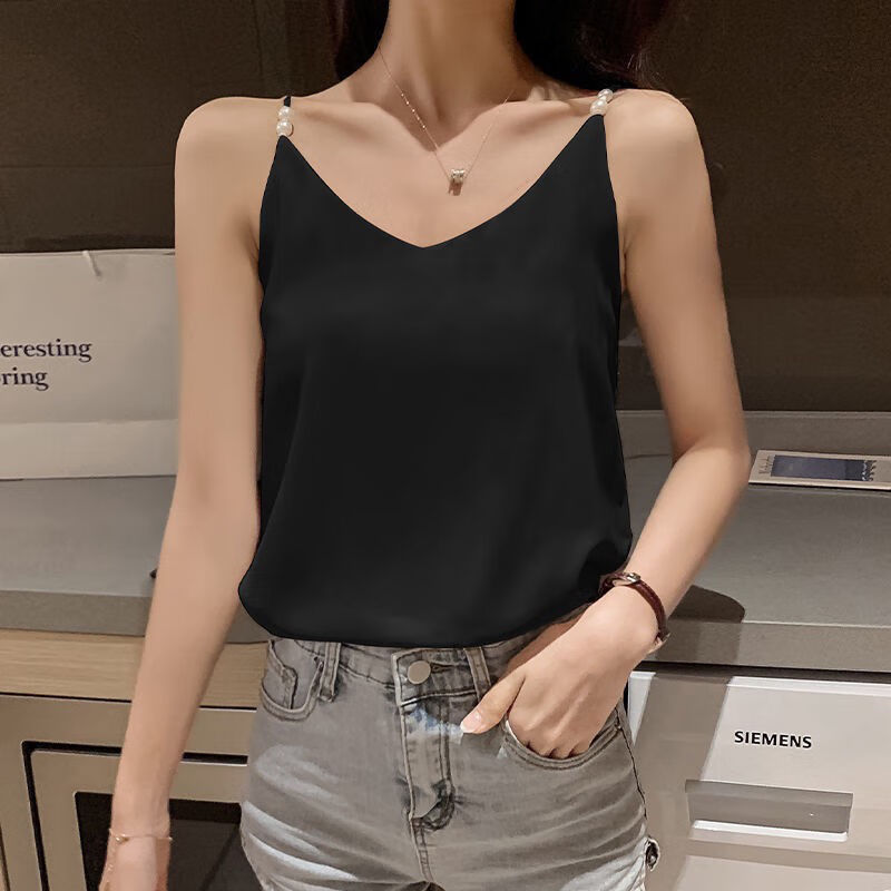 珍妮羊黑色吊带背心女夏内搭宽松打底衫ins潮性感无袖雪纺短款上衣外
