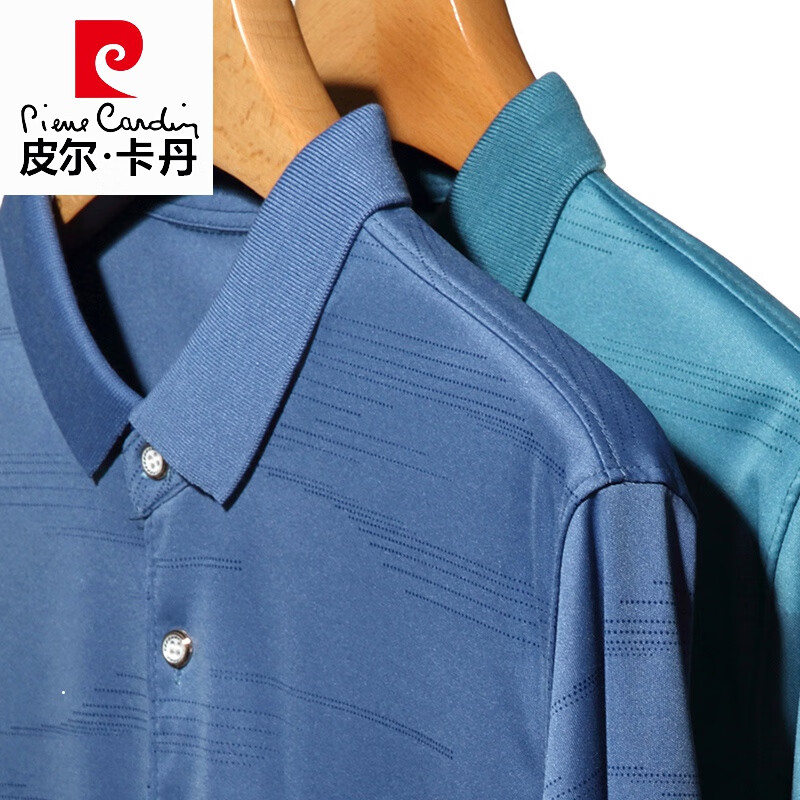 皮尔卡丹（pierre cardin）男士t恤长袖秋季薄款中老年人冰丝爸爸装polo衫上衣服速干衬衫领 蓝色 波浪纹 165/M