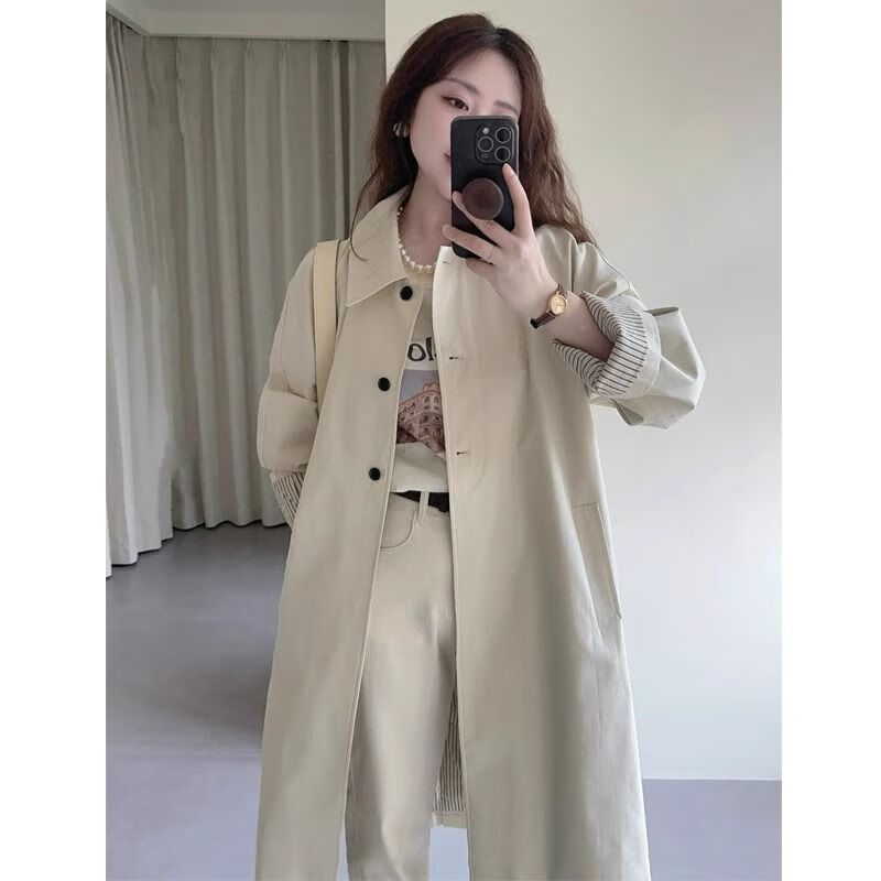 智洲女士风衣2024新款时尚风衣小个子白色中长款外套女早春秋高级感超 米白色 XS 建议85100斤
