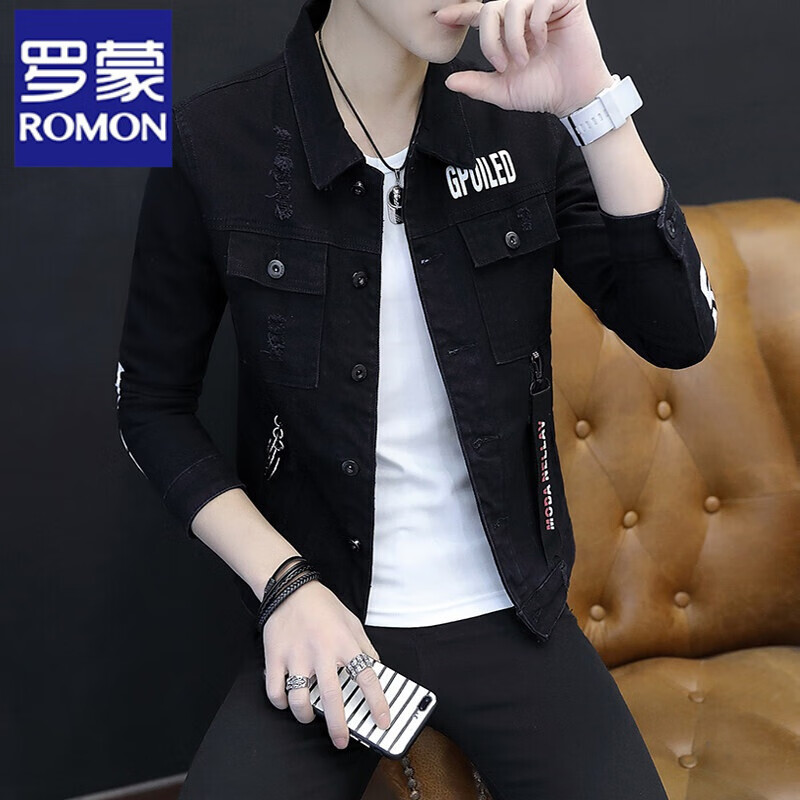 羅蒙（ROMON）春季韓版修身青年牛仔外套男新款帥氣潮流夾克個(gè)性男士上衣春秋衫 黑色 2XL 180