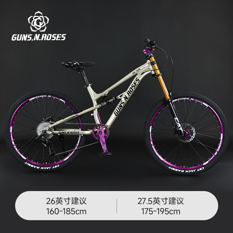 GUNS. N. ROSES枪花铝合金软尾速降山地车蓝图喜玛诺变速越野山地车男女款通用车 香槟色 10速 双肩气叉油碟120响 24英寸