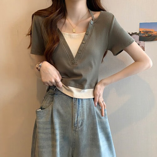 京功小个子假俩件短t恤女短袖正肩t恤女夏季法式v领假两件独特别致