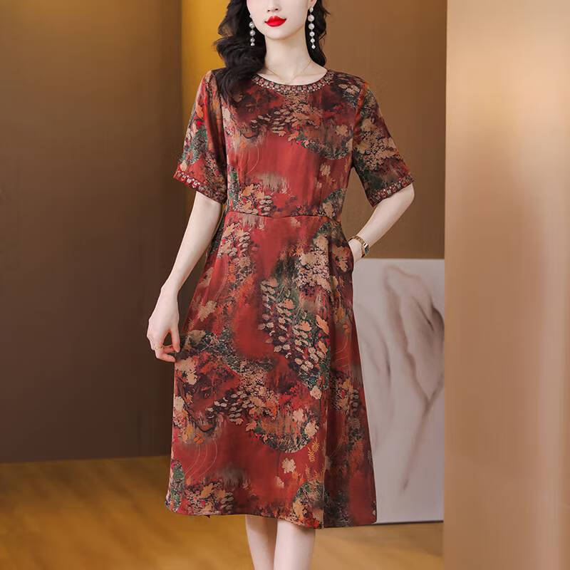jiandirun莨绸香云纱连衣裙女夏季时尚复古印花宽松连衣裙 红色 l
