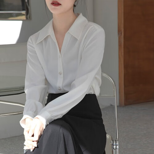 圣洛影宝蓝色雪纺衬衫女长袖春装感v领通勤上衣正装面试宽松衬衫 白色