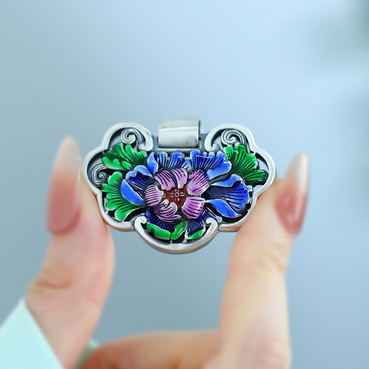 boigo足银复古牡丹花景泰蓝吊坠双面雕花平安锁锁骨链轻奢小众百搭