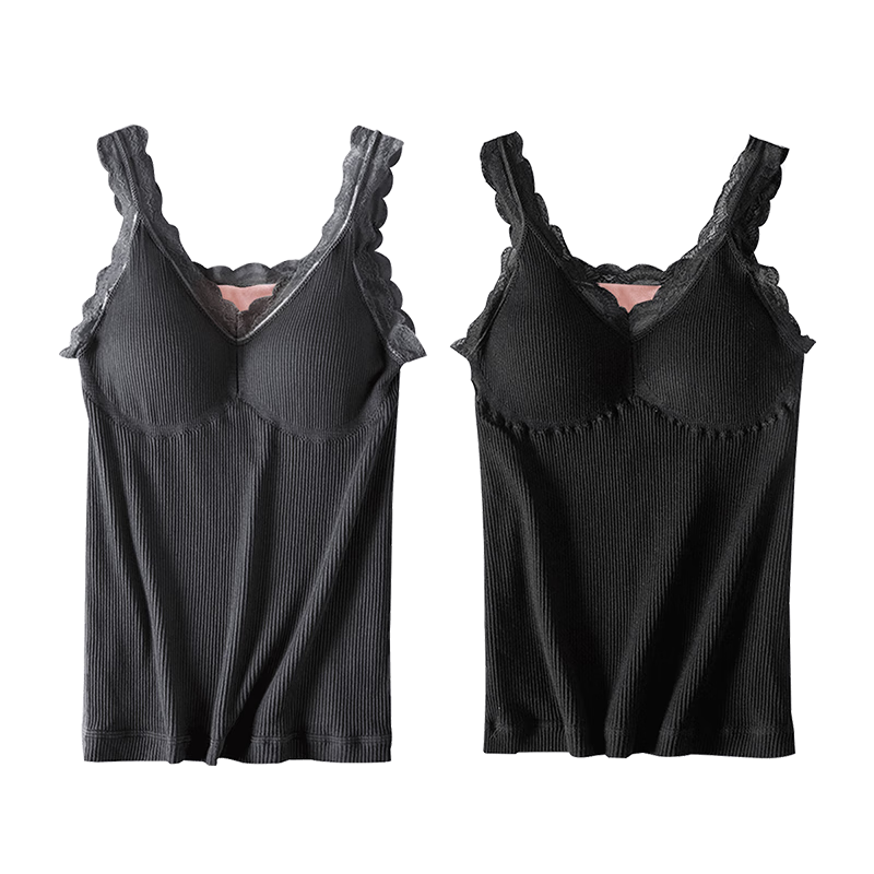 六月玫瑰(Junerose)保暖内衣女春秋新款加绒加厚蕾丝打底保暖背心女2件装1 黑+灰 均码F(85-120斤)