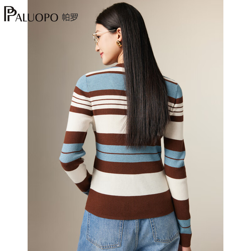 帕罗(PALUOPO)2025春季针织衫长袖条纹开衫时尚打底内搭修身显瘦女上衣短羊毛衫 花棕 M 160/100