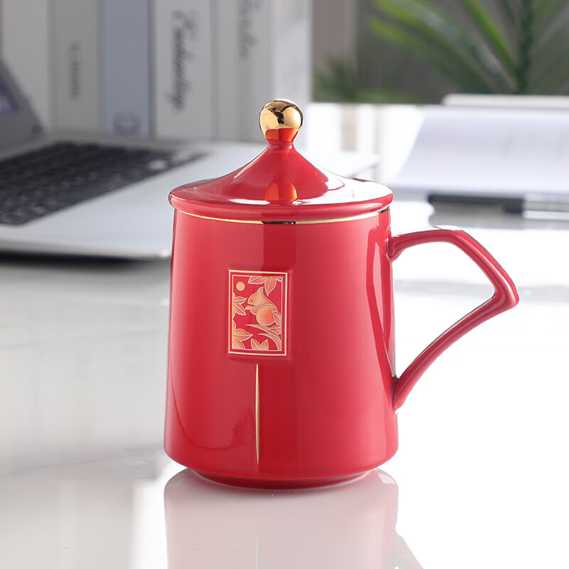 杯带盖水杯家用茶杯办公室会议杯喝水杯子商务杯定制 大红(兰亭杯)