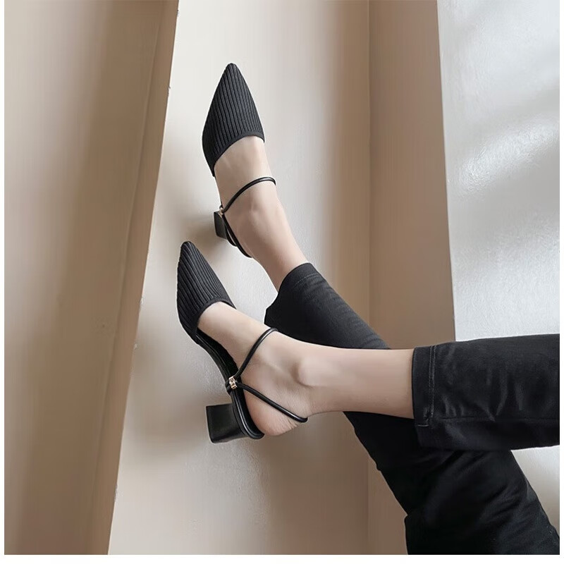 就叙特大码凉鞋女大脚41一45半托百搭针织浅口鞋夏天穿的新款粗跟包头