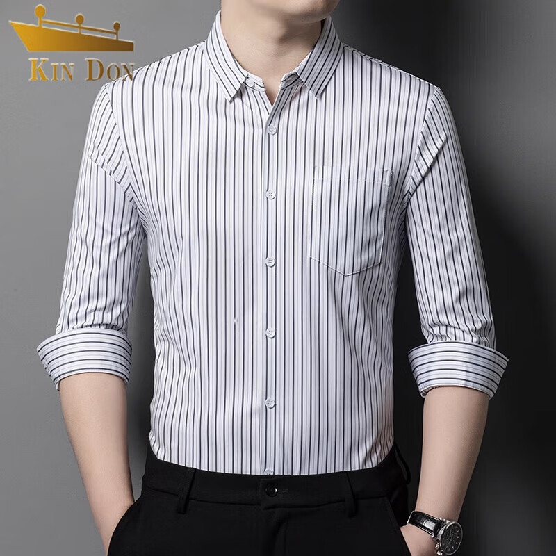 桑蚕丝轻商务长袖衬衫男中青年休闲免烫口袋款正装条纹真丝衬衣