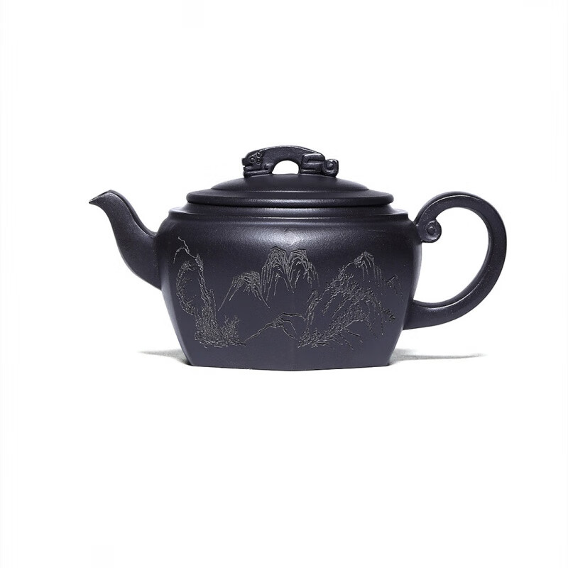凤鸣紫砂壶六方 宜兴紫砂壶原矿黑泥紫砂壶手刻茶壶纯全手工功夫 黑泥