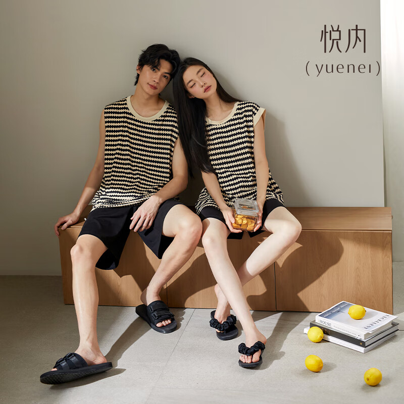 悦内情侣睡衣女夏季无袖背心短裤纯棉家居服男士休闲时尚条纹夏款套装 B23234波浪纹【带胸垫】 女款 M (男90-110斤/女90-110斤)