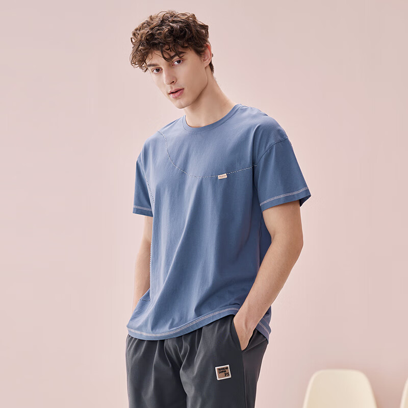 玛伦萨短袖短裤睡衣男士纯棉夏季新款条纹时尚简约宽松家居服套装 优雅白 L