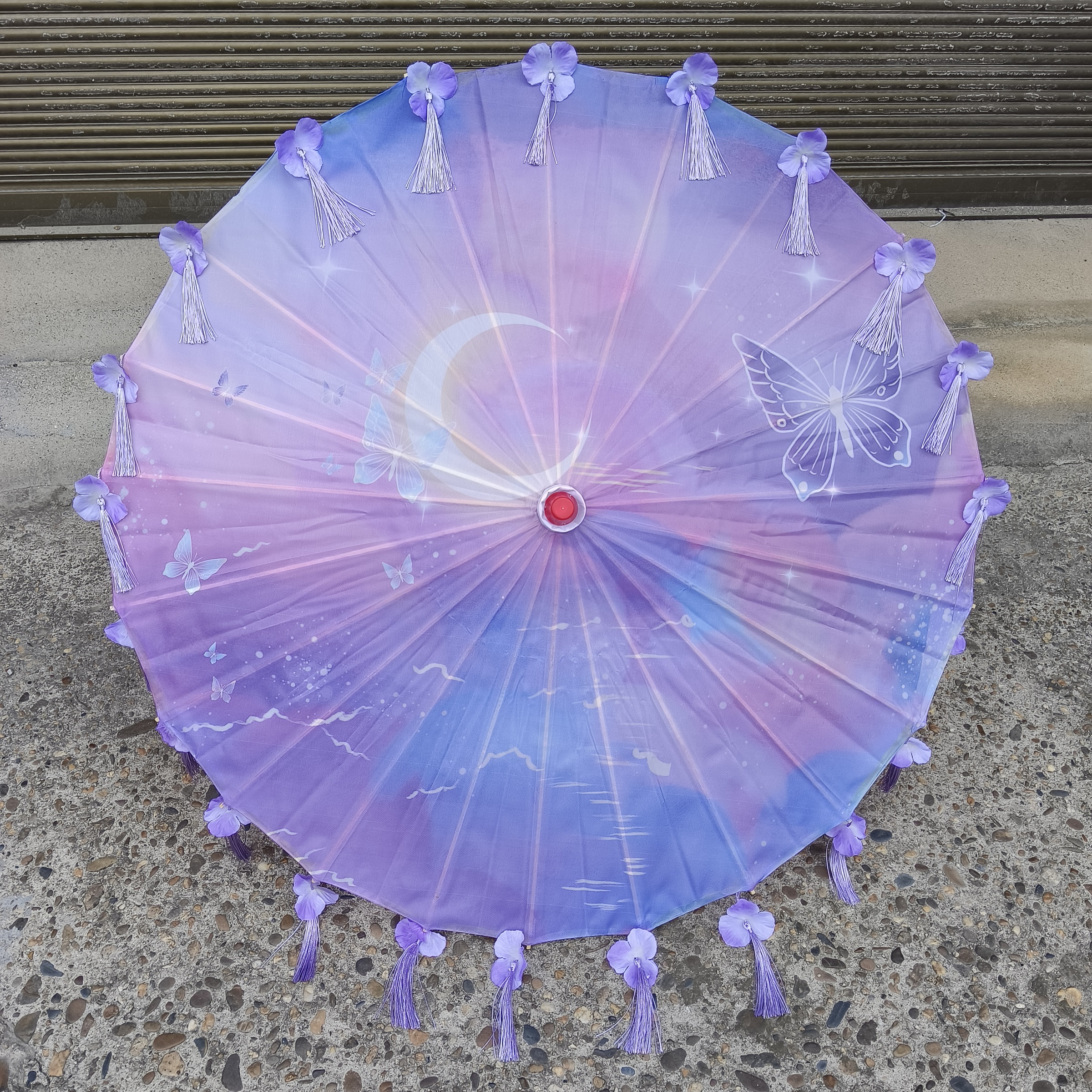 古风有流苏花瓣流苏伞绸布伞走秀演出伞拍照汉服伞道具舞蹈 紫色蝴蝶