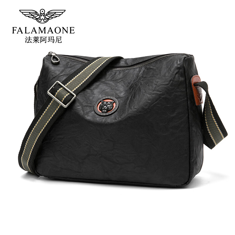 法莱阿玛尼(FALAMAONE) 商务单肩包大气男士包包纯色设计感复古休闲斜挎包 黑色 京东折扣/优惠券